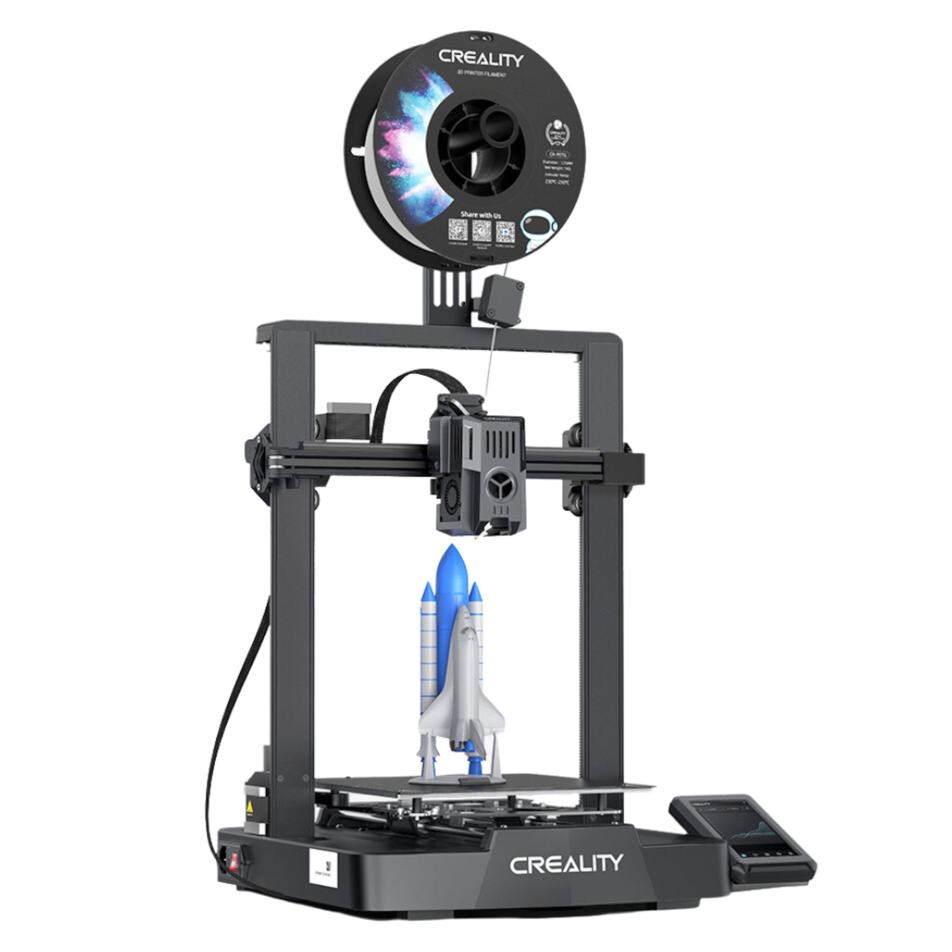Creality Ender 3 v3 KE 3D-printer med filamentrulle, blå og hvid rumfærgemodel, touchscreen kontrolpanel.