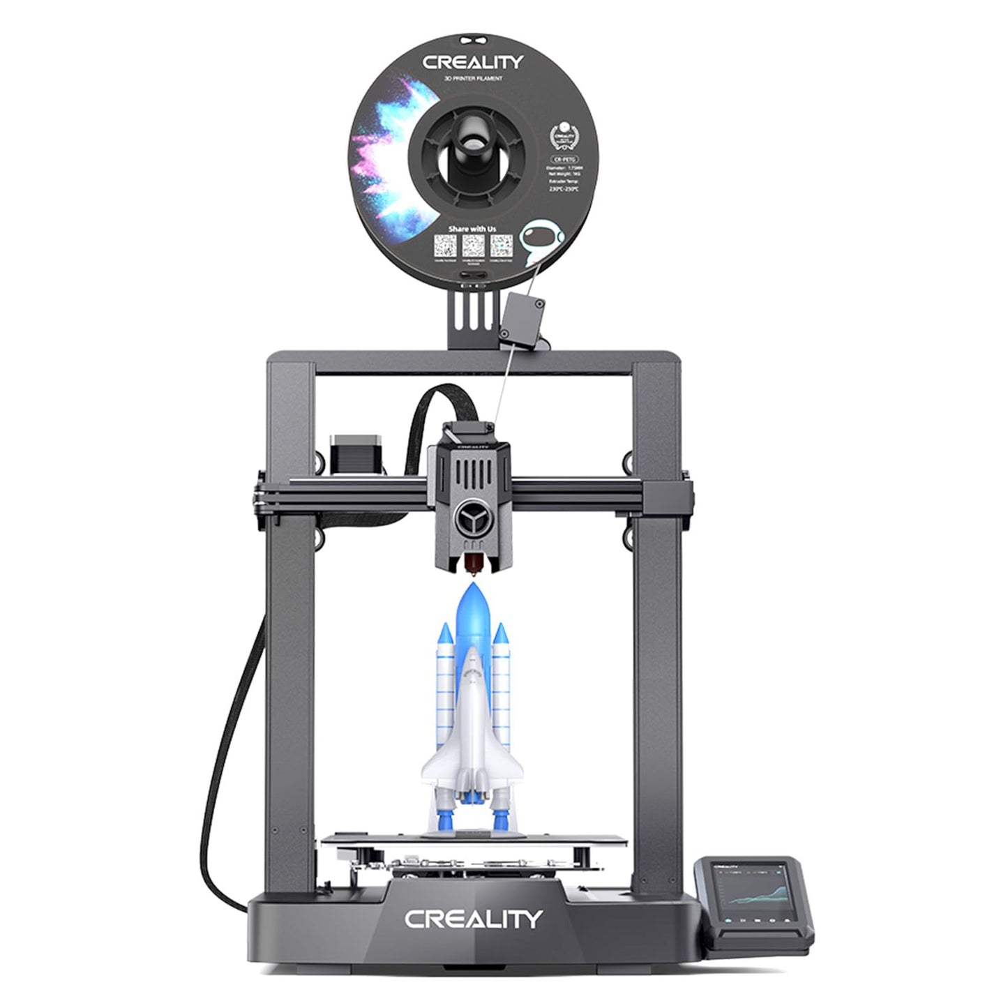 Creality Ender 3 v3 KE sort 3D-printer med filamentrulle på toppen, touchscreen-panel og hvid/blå raketmodel under print.