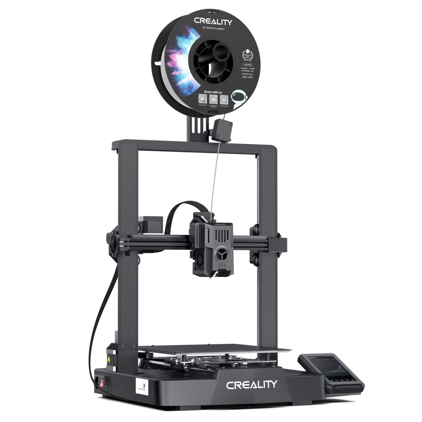 Creality Ender 3 v3 KE sort 3D-printer med filamentrulle øverst, rektangulær ramme og touchscreen på front højre.