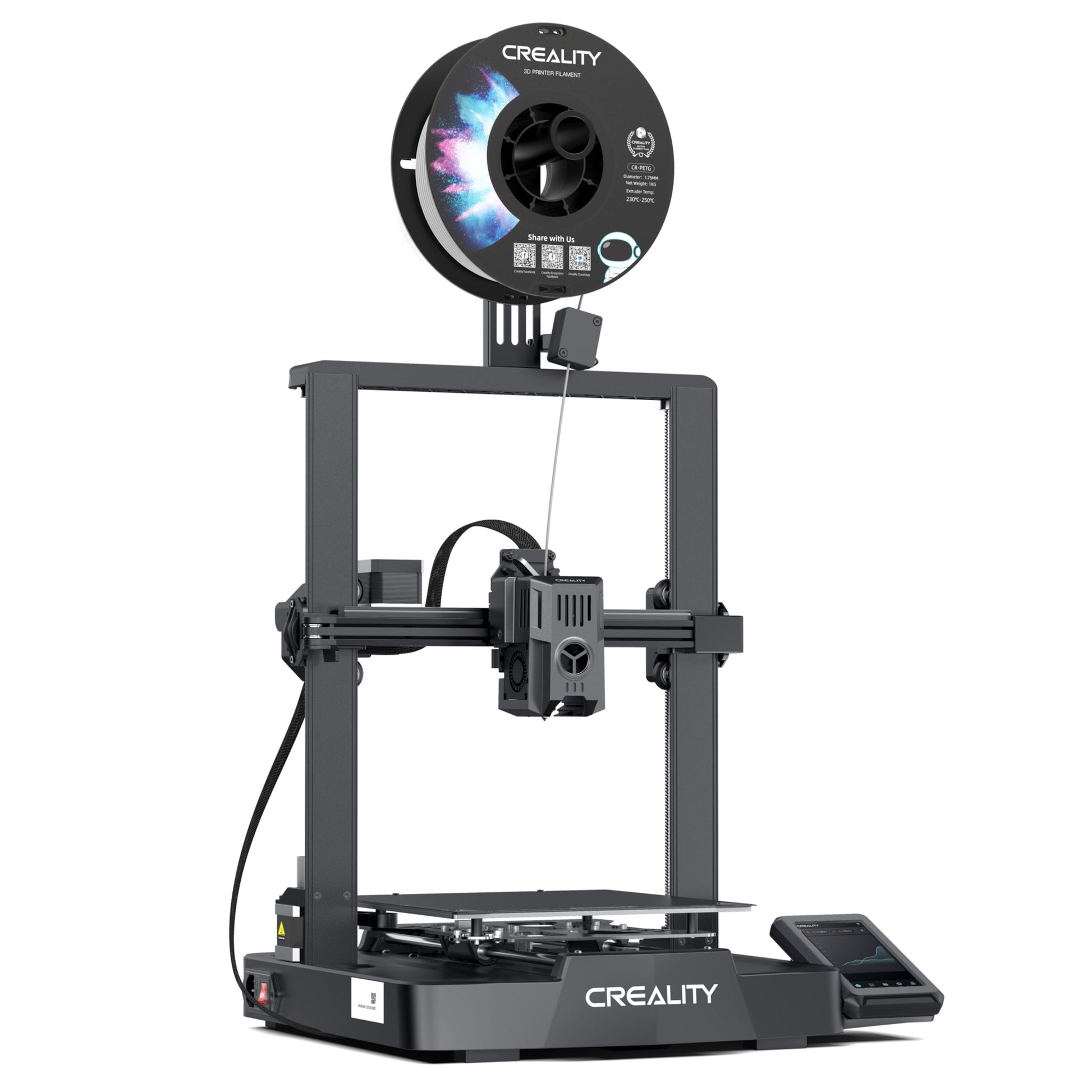 Creality Ender 3 v3 KE sort 3D-printer med filamentrulle øverst, rektangulær ramme og touchscreen på front højre.