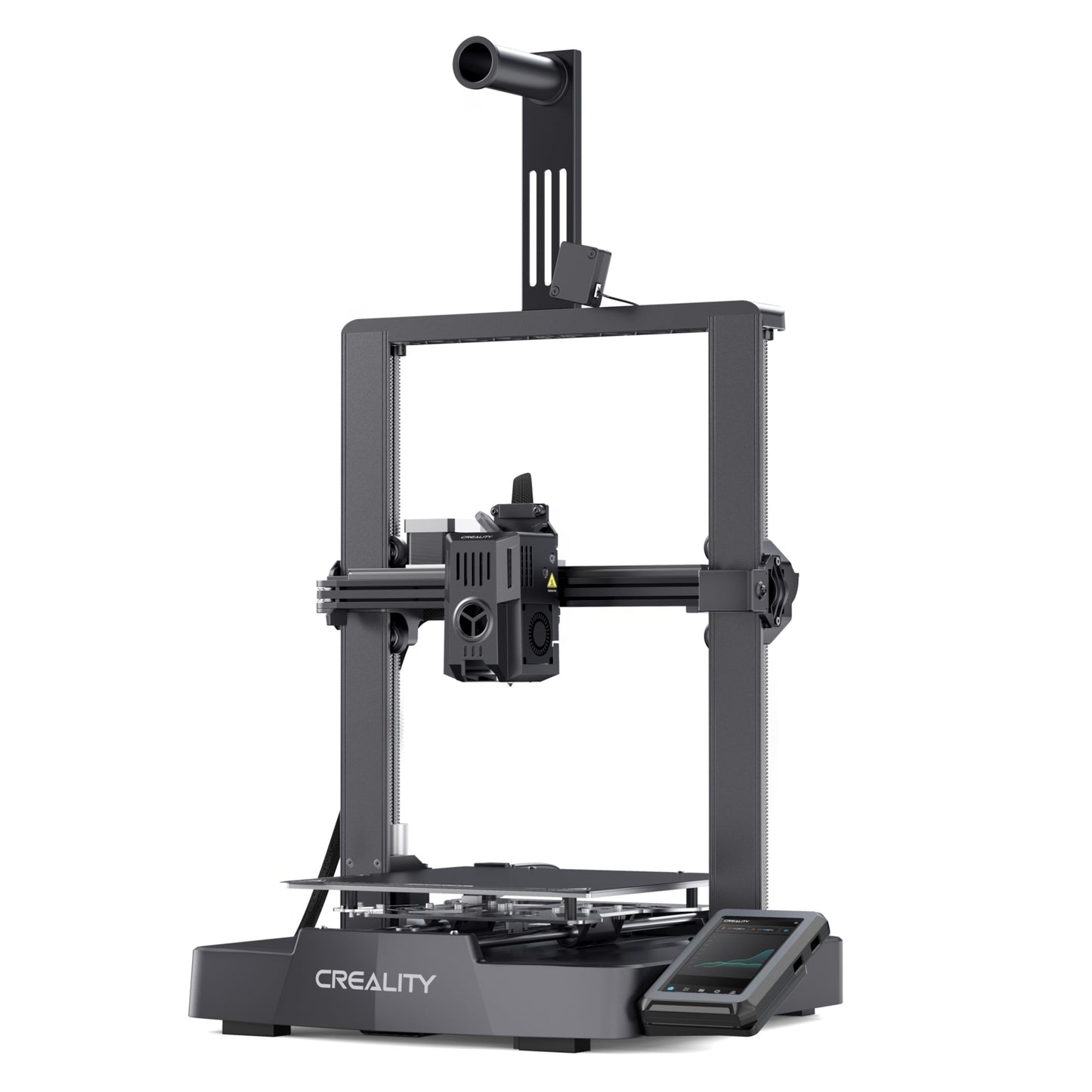 Creality Ender 3 v3 KE 3D-printer sort, rektangulær ramme, central printhoved, flad byggeplade, touchskærm i bunden.