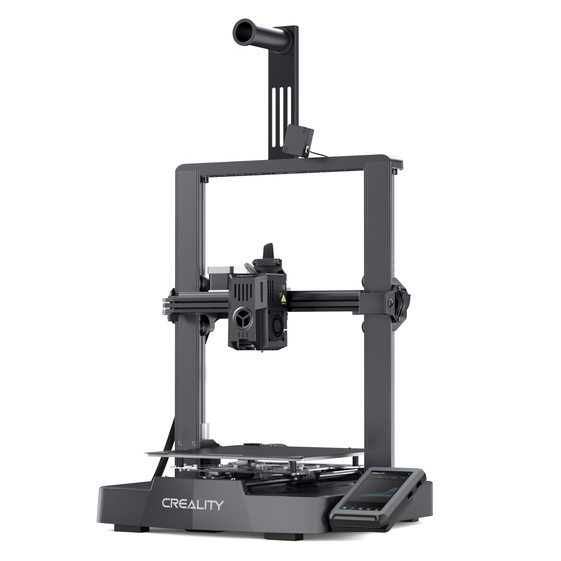 Creality Ender 3 v3 KE 3D-printer sort, rektangulær ramme, central printhoved, flad byggeplade, touchskærm i bunden.