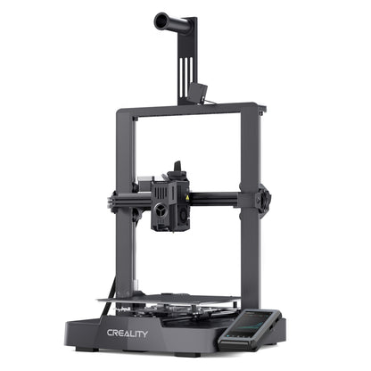 Creality Ender 3 v3 KE 3D-printer sort, rektangulær ramme, central printhoved, flad byggeplade, touchskærm i bunden.