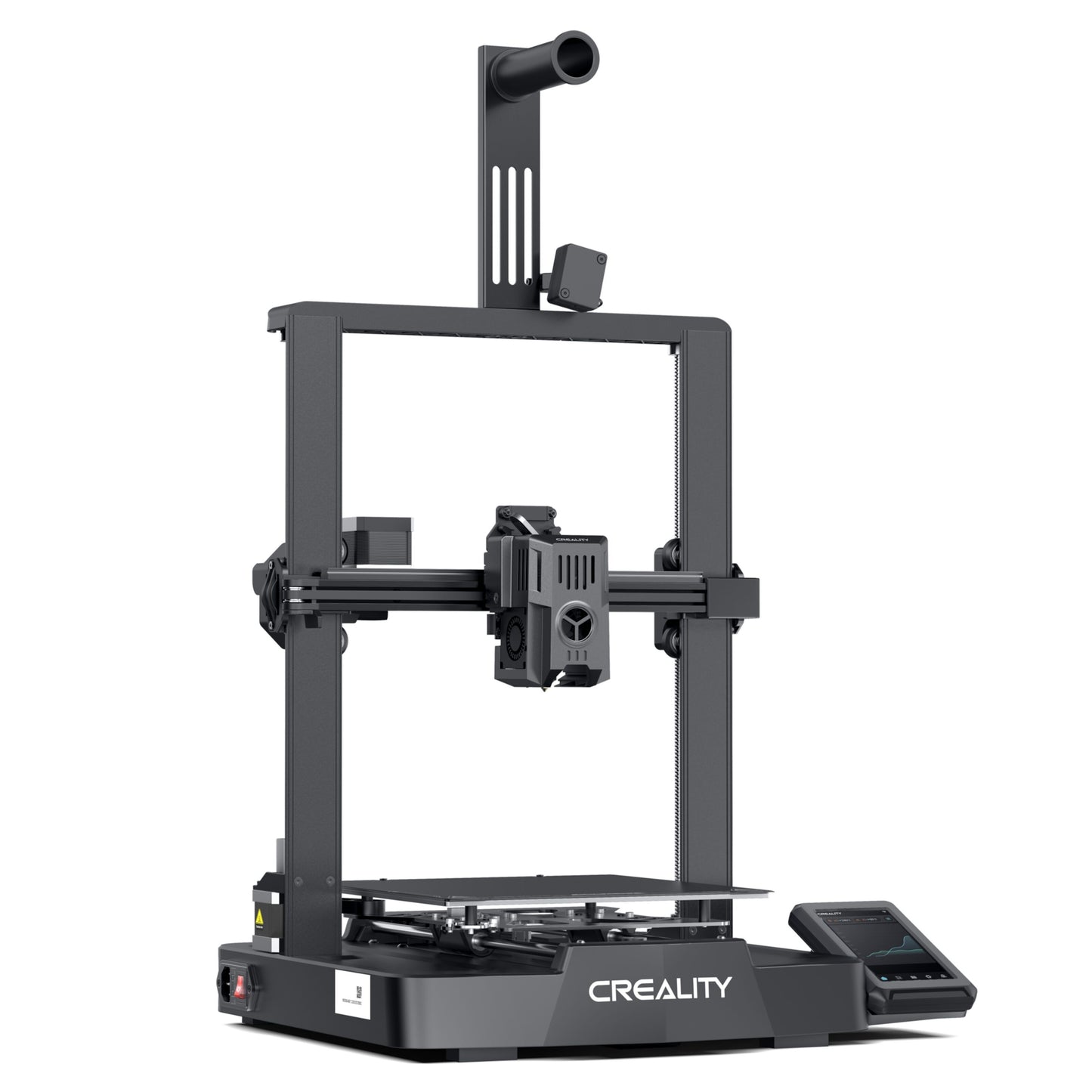 Creality Ender 3 v3 KE 3D-printer med sort ramme, åben printflade, lodrette støttekolonner og skråt touchscreen til højre.