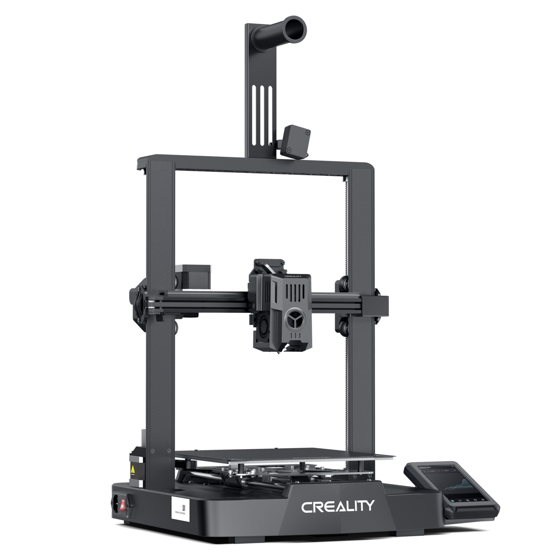 Creality Ender 3 v3 KE 3D-printer med sort ramme, åben printflade, lodrette støttekolonner og skråt touchscreen til højre.