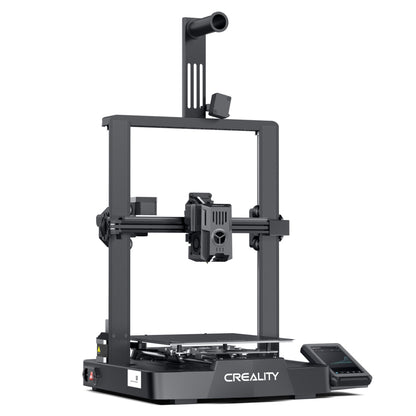 Creality Ender 3 v3 KE 3D-printer med sort ramme, åben printflade, lodrette støttekolonner og skråt touchscreen til højre.