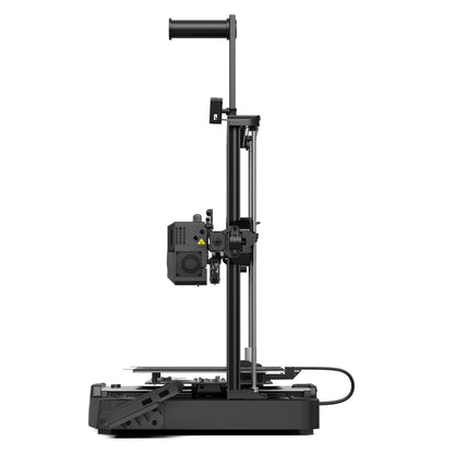 Creality Ender 3 v3 KE 3D-printer sideview med opretstående ramme, printhoved, touchscreen og synlige elektronik bagpå.