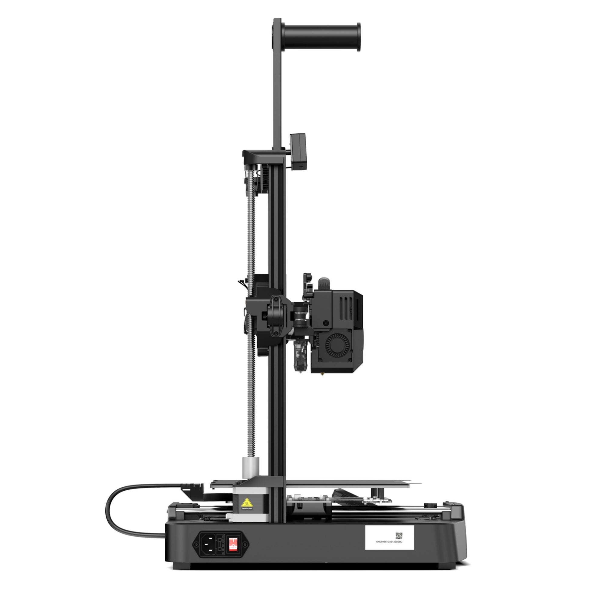 Creality Ender 3 v3 KE 3D-printer sideview med synlig ledning, lodret ramme, bevægeligt printhoved, touchskærm og byggeplade.