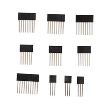Luxorparts stabelbar stiftliste 10-pakke, sorte female pin header stik med guldbelagte ben, 2-8 pins, vises i 3x3 gitter.
