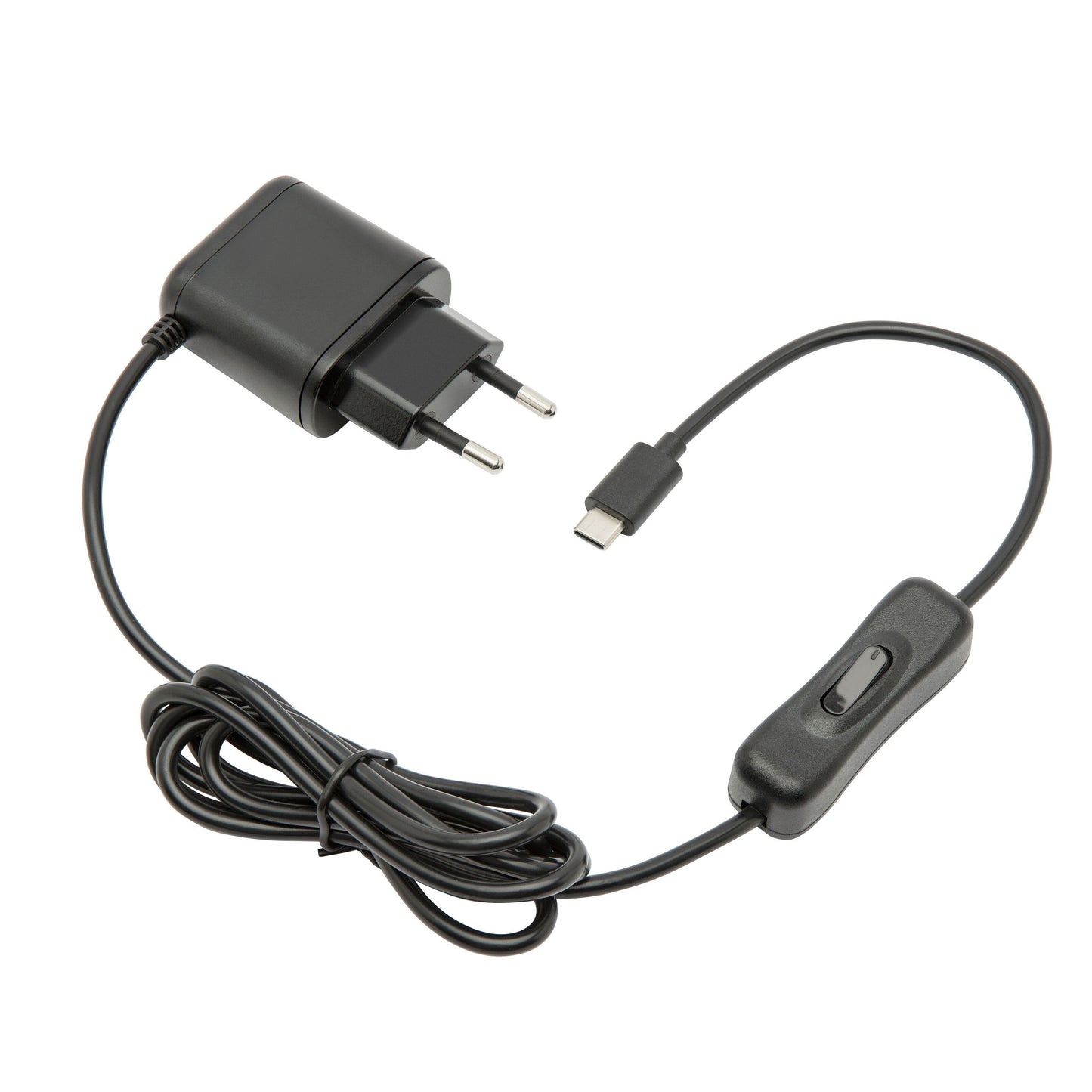 Netadapter til Raspberry Pi 4 sort EU vægoplader med USB-C stik, inline afbryder og 3A output, ledning løst oprullet.