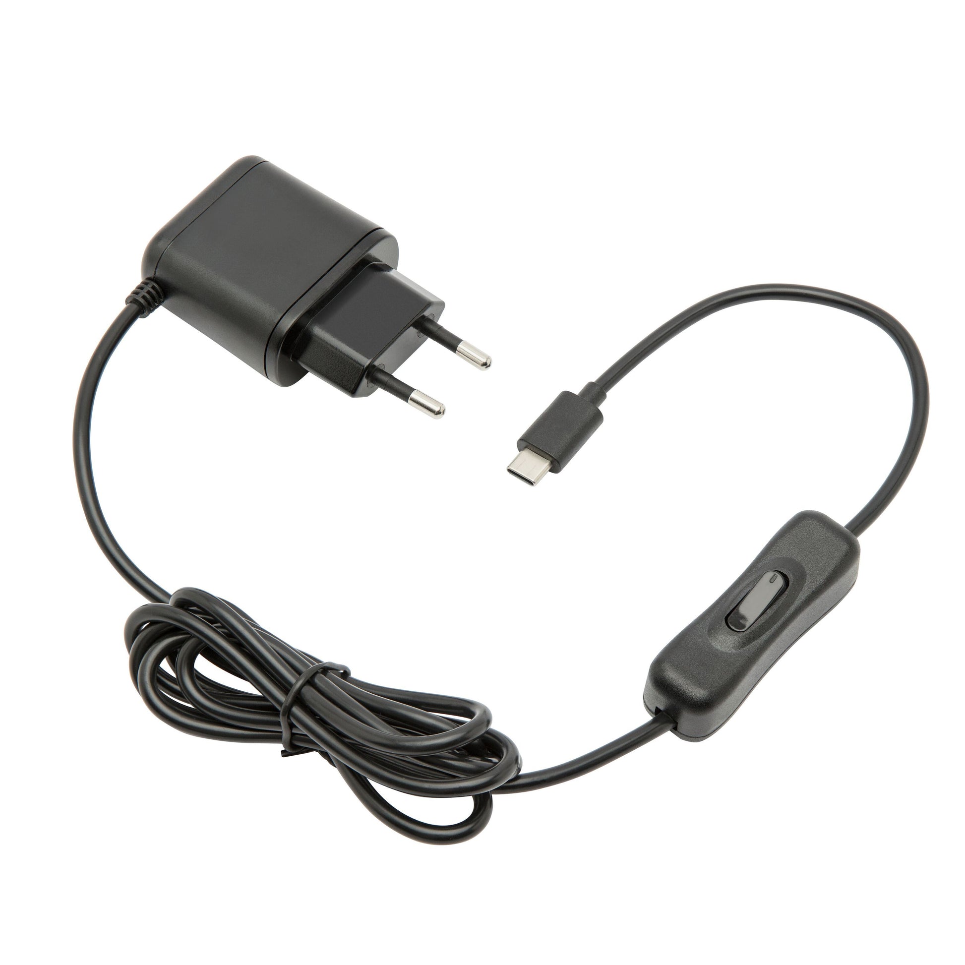 Netadapter til Raspberry Pi 4 sort EU vægoplader med USB-C stik, inline afbryder og 3A output, ledning løst oprullet.