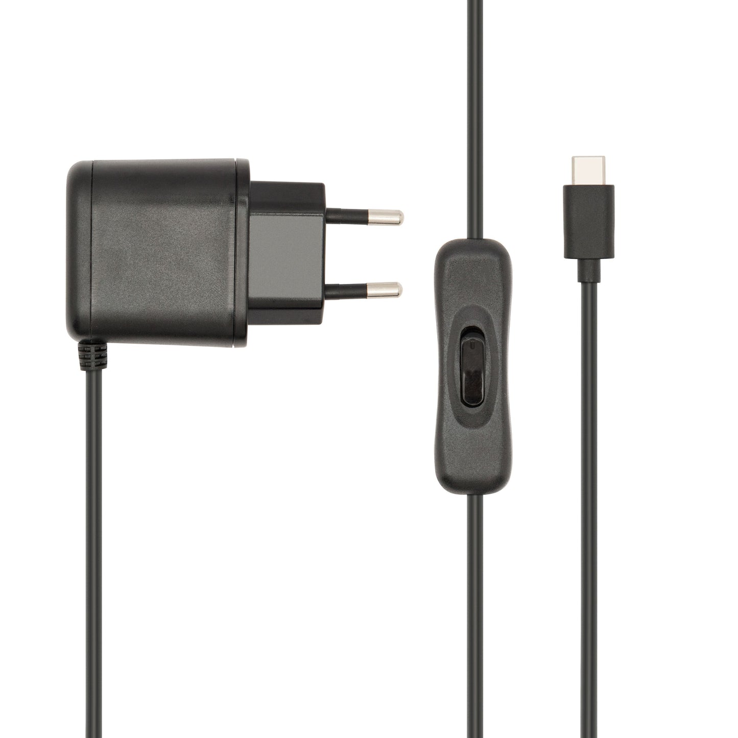 Netadapter til Raspberry Pi 4 sort vægoplader med EU-stik, strømafbrydere og USB-C stik maks 3A.