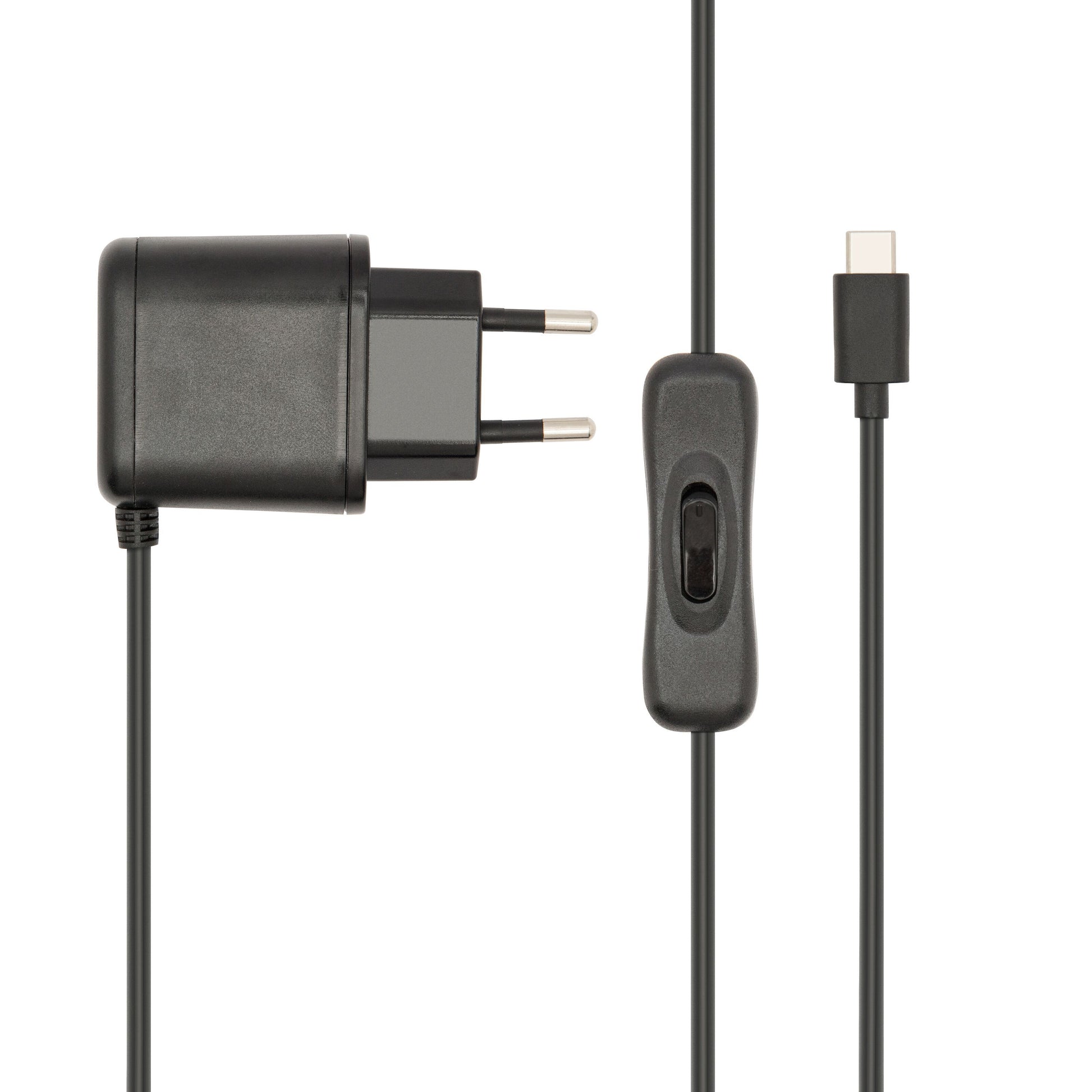 Netadapter til Raspberry Pi 4 sort vægoplader med EU-stik, strømafbrydere og USB-C stik maks 3A.