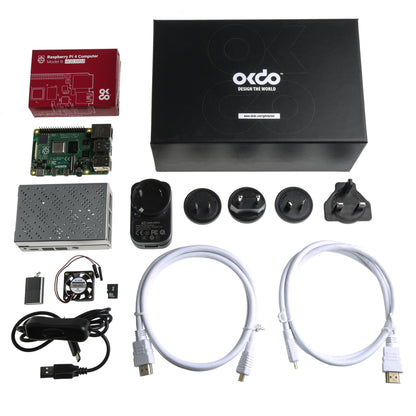 Raspberry Pi 4 Kit 4GB med metalkasse, strømforsyning, stik, blæser, HDMI/USB-kabler, microSD-kort og kasse.