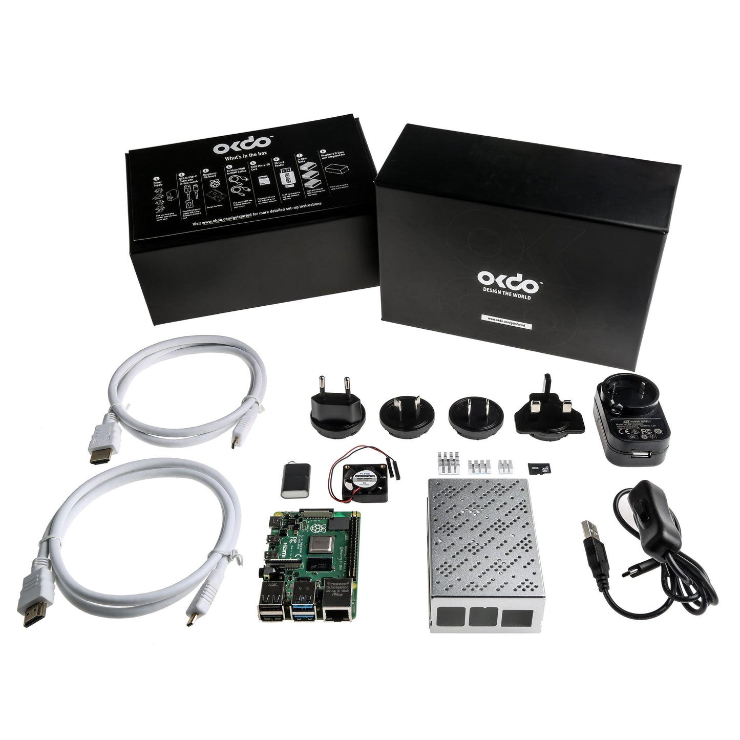 Raspberry Pi 4 Kit 4GB med single board computer, metalkasse, strømforsyning, HDMI-kabler, blæsere, køleplader, microSD-kort.