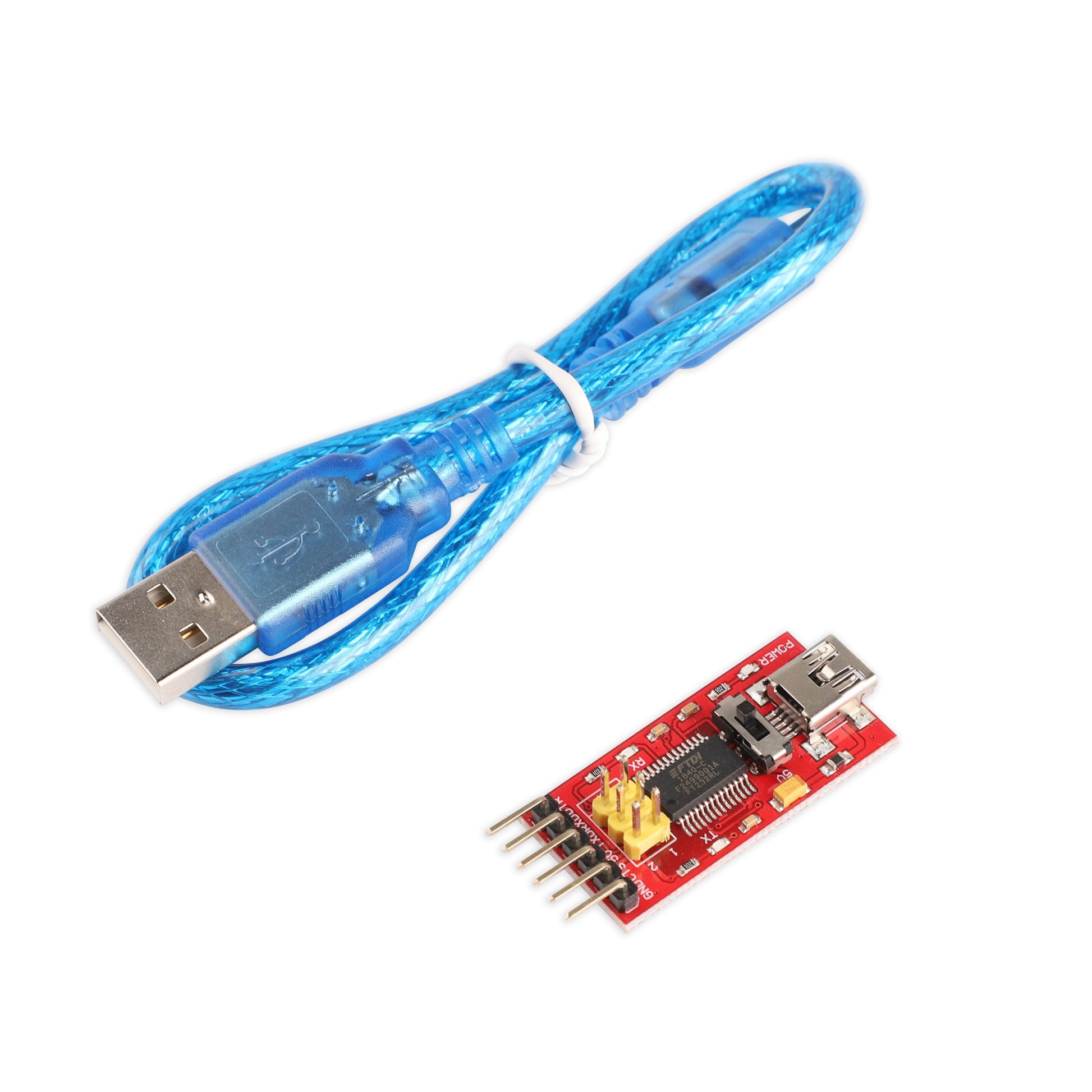 Luxorparts rød USB til seriel adapter til Arduino med FT232RL-chip, flere synlige pins samt blå USB-kabel.