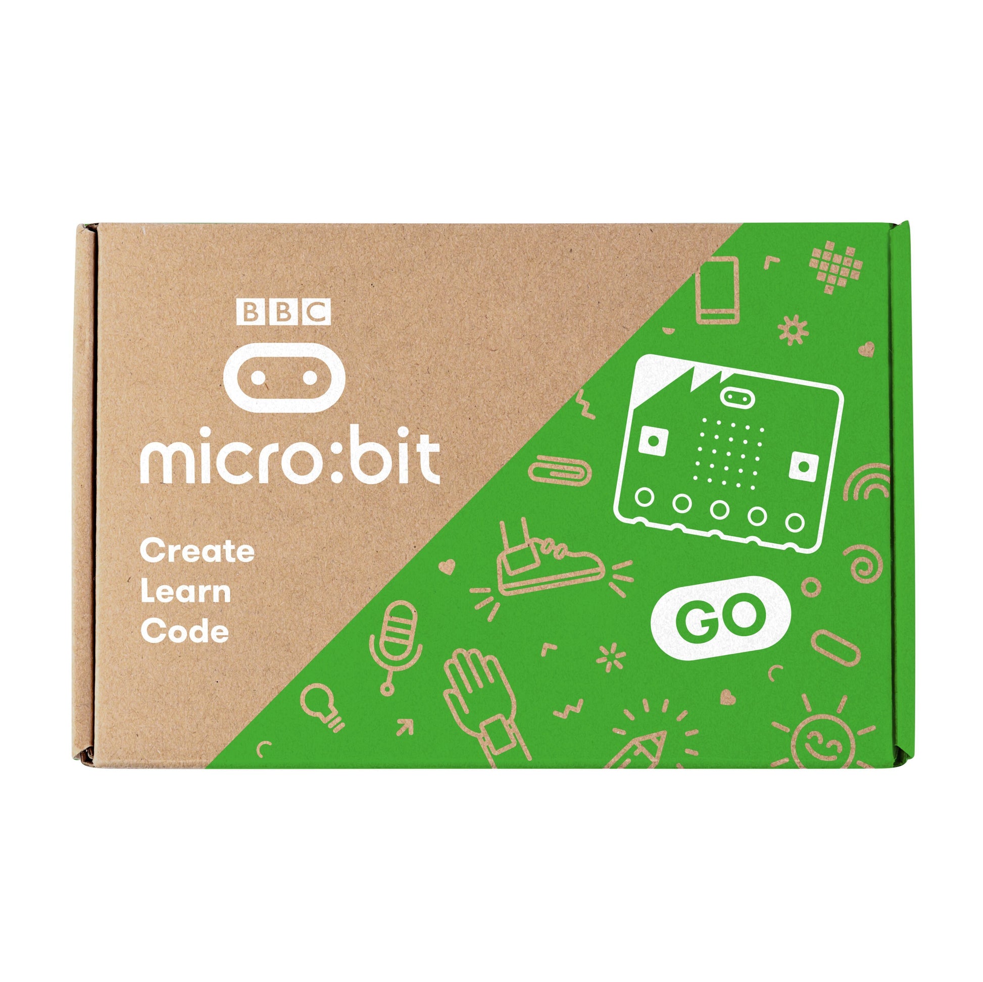 Micro:bit v2 Go i grøn/brun rektangulær æske med hvide logoer, tech-ikoner og teksten "Create Learn Code GO.
