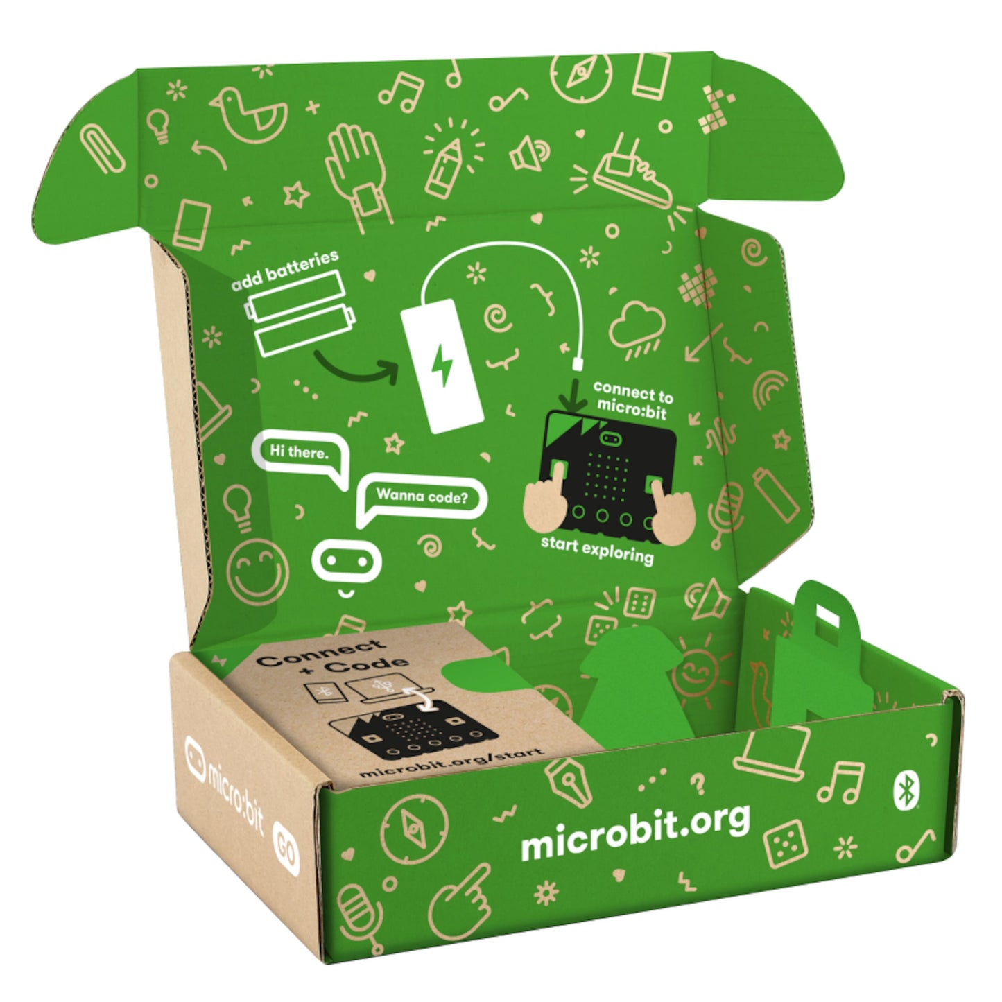 Micro:bit v2 Go Box, grøn inderside med setup-vejledning, microbit.org og ikoner på ydersiden, åben æske.