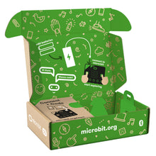 Micro:bit v2 Go Box, grøn inderside med setup-vejledning, microbit.org og ikoner på ydersiden, åben æske.