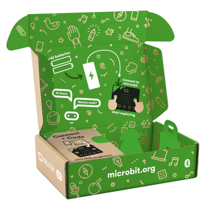 Micro:bit v2 Go Box, grøn inderside med setup-vejledning, microbit.org og ikoner på ydersiden, åben æske.