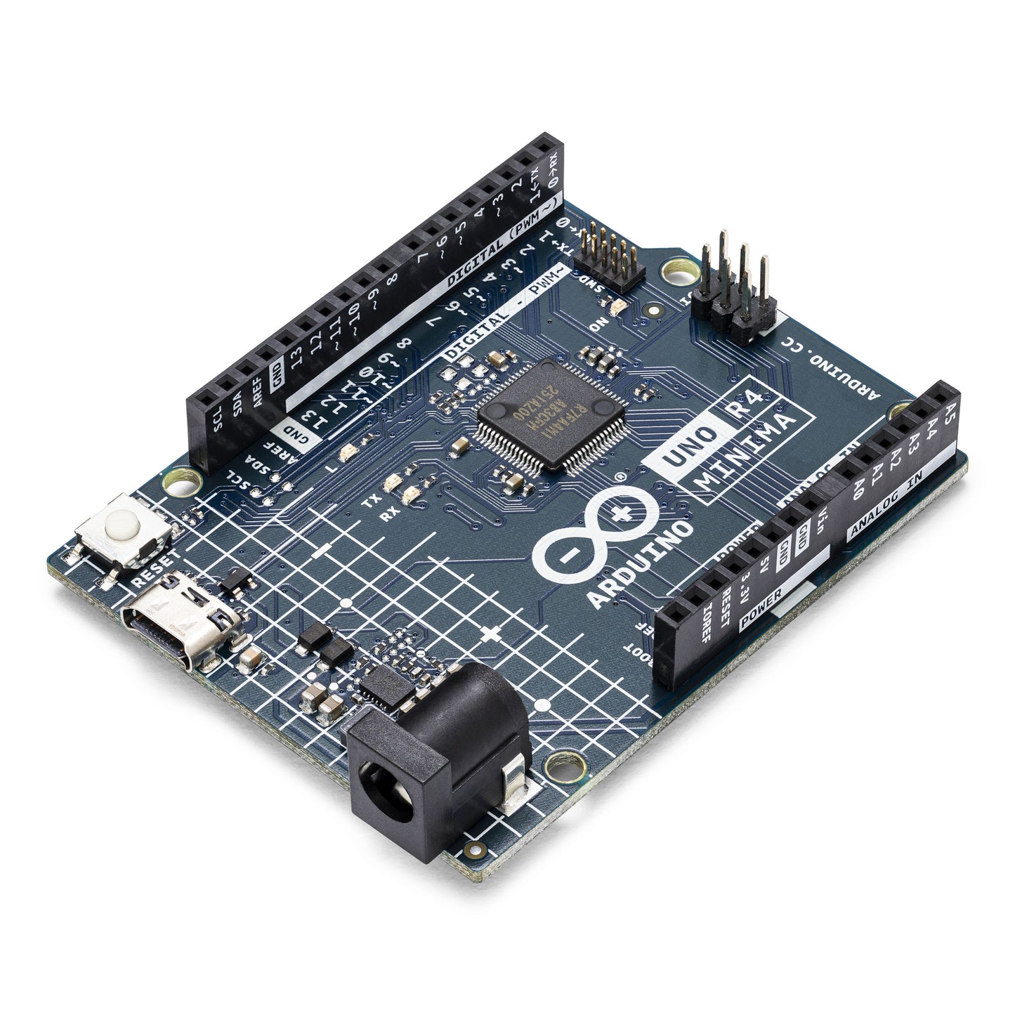 Arduino Uno Rev4 Minimalt Udviklingskort, blå printplade med hvide labels, porte og pins, R3-kompatible shields.