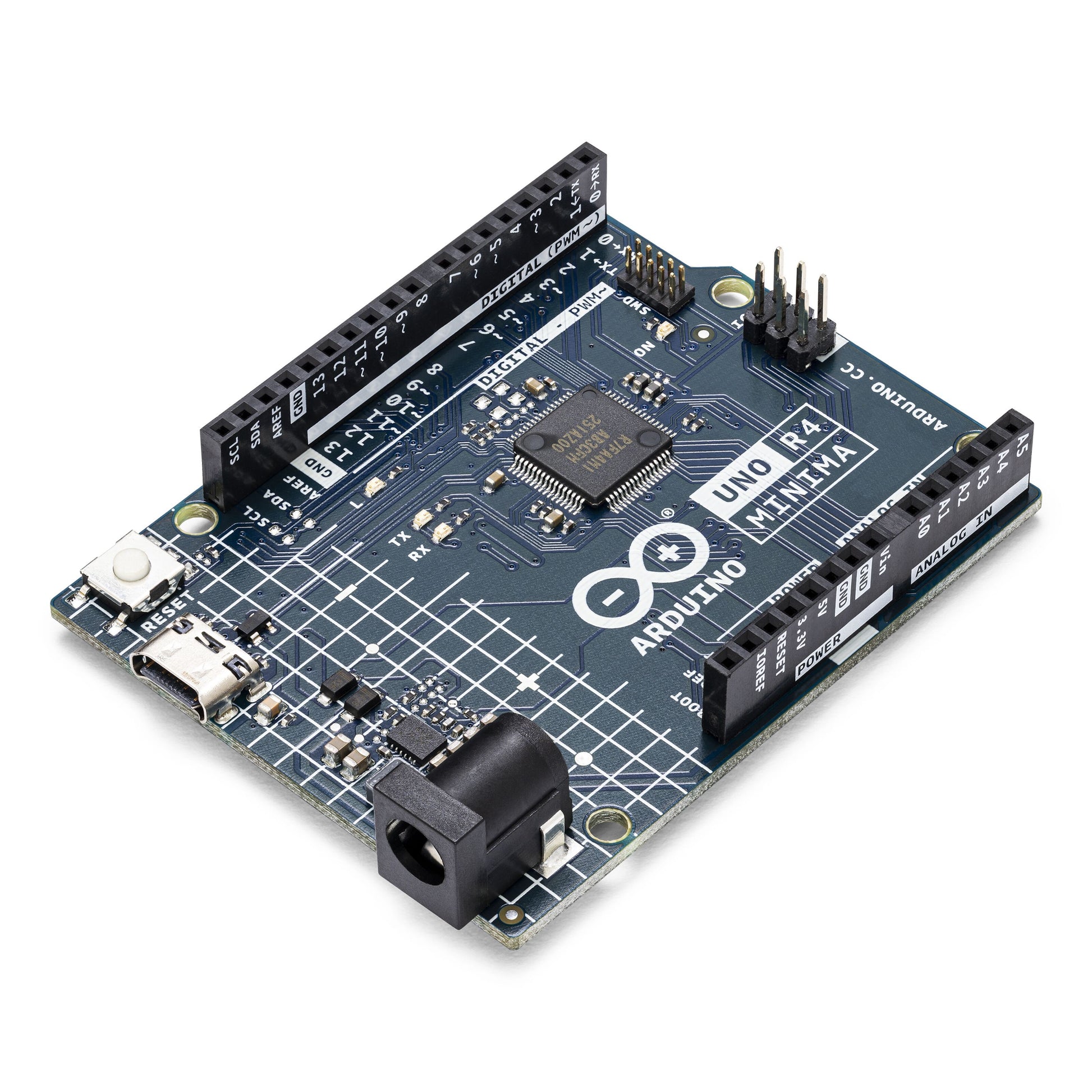 Arduino Uno Rev4 Minimalt Udviklingskort, blå printplade med hvide labels, porte og pins, R3-kompatible shields.