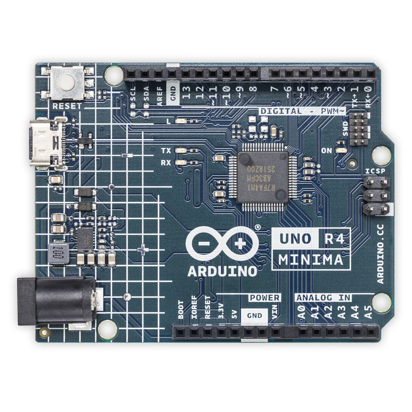 Arduino Uno Rev4 Minimalt Udviklingskort med mærkede pins, USB-port, strømstik og komponenter på blå PCB.