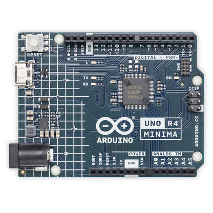 Arduino Uno Rev4 Minimalt Udviklingskort med mærkede pins, USB-port, strømstik og komponenter på blå PCB.
