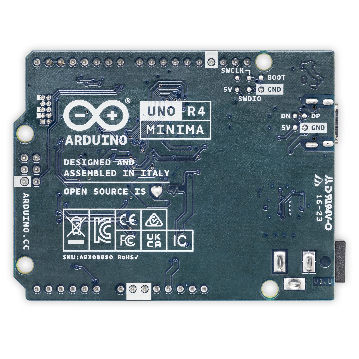 Arduino Uno Rev4 Minimalt Udviklingskort grøn bagside med detaljerede labels, pin-markeringer og certificeringer.