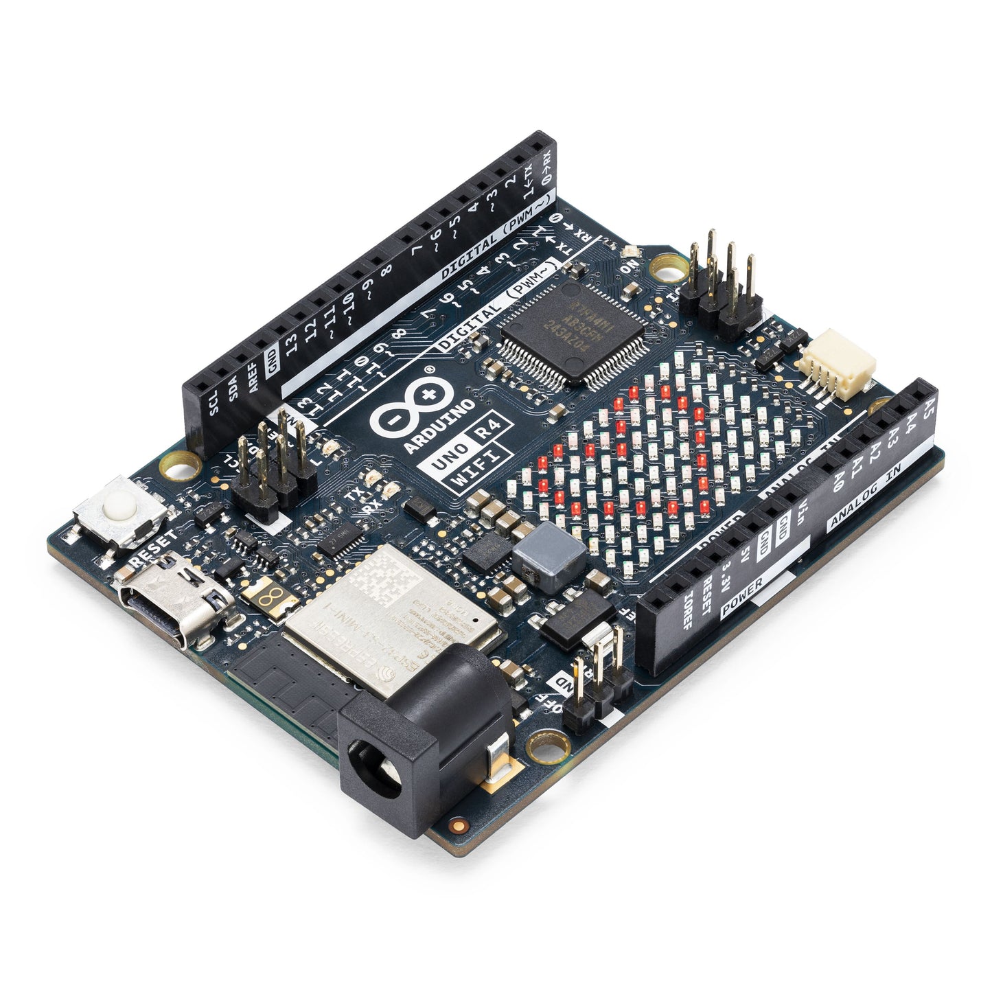 Arduino Uno Rev4 Wifi udviklingskort med elektroniske komponenter, pin-headers, USB-port og markeringer til wifi.