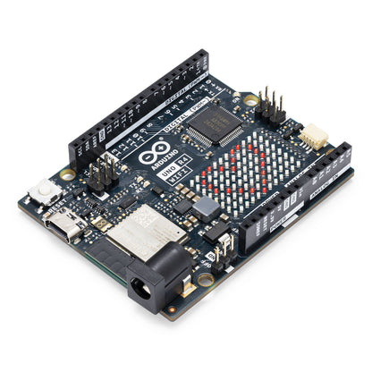 Arduino Uno Rev4 Wifi udviklingskort med elektroniske komponenter, pin-headers, USB-port og markeringer til wifi.