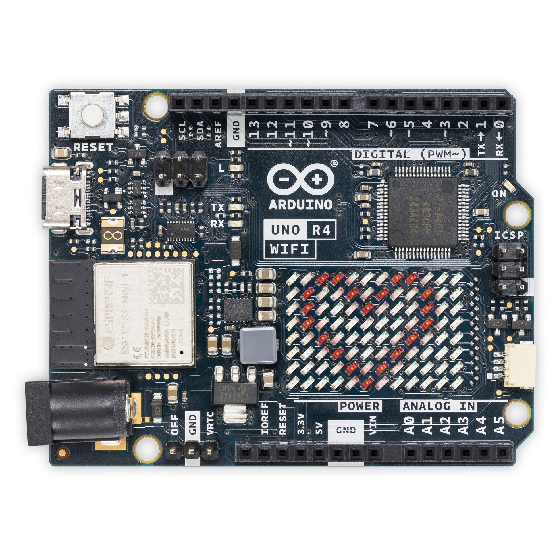 Arduino Uno Rev4 Wifi udviklingskort topview med mærkede porte, trådløs modul, USB-C stik, mikrochip og pin-headers.