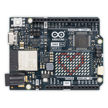 Arduino Uno Rev4 Wifi udviklingskort topview med mærkede porte, trådløs modul, USB-C stik, mikrochip og pin-headers.
