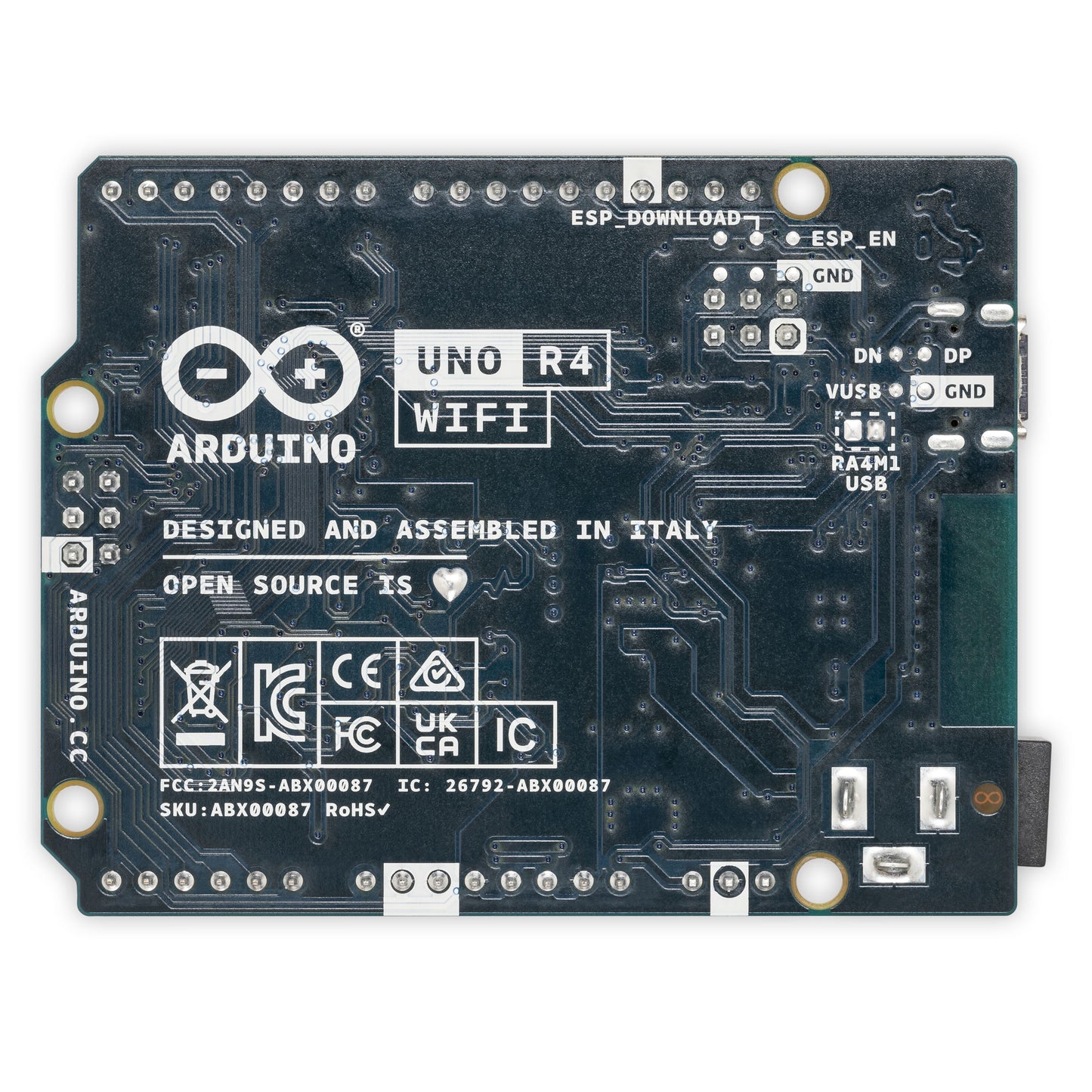 Arduino Uno Rev4 Wifi udviklingskort med Arduino-logo, mærkninger og trådløs kommunikation.