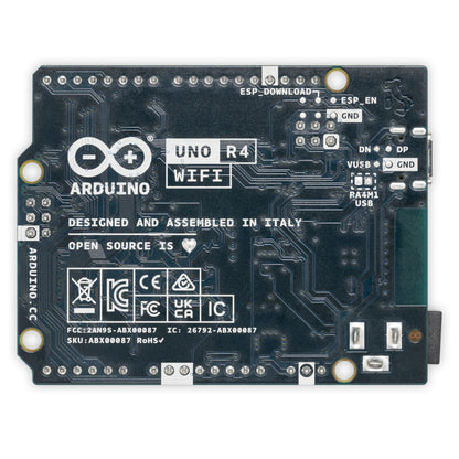 Arduino Uno Rev4 Wifi udviklingskort med Arduino-logo, mærkninger og trådløs kommunikation.
