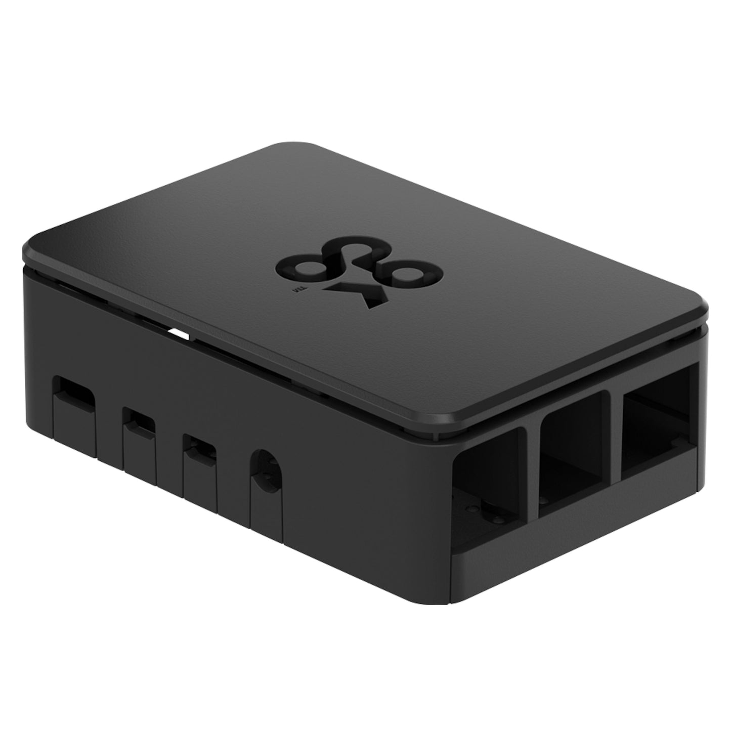 Sort plastikchassis til Raspberry Pi 4 Model B med afrundede kanter, sideudskæringer til porte og logo på toppen.