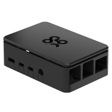 Sort plastikchassis til Raspberry Pi 4 Model B med afrundede kanter, sideudskæringer til porte og logo på toppen.