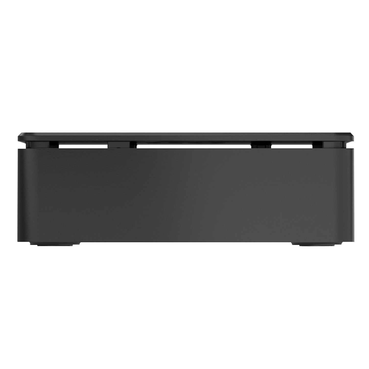 Sort rektangulært chassis til Raspberry Pi 4 Model B med glatte kanter og fire hjørnefødder.