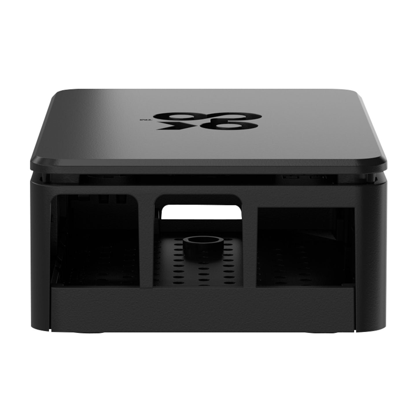 Chassis til Raspberry Pi 4 Model B sort, set forfra med åbent slot, indvendige rum og logo øverst.
