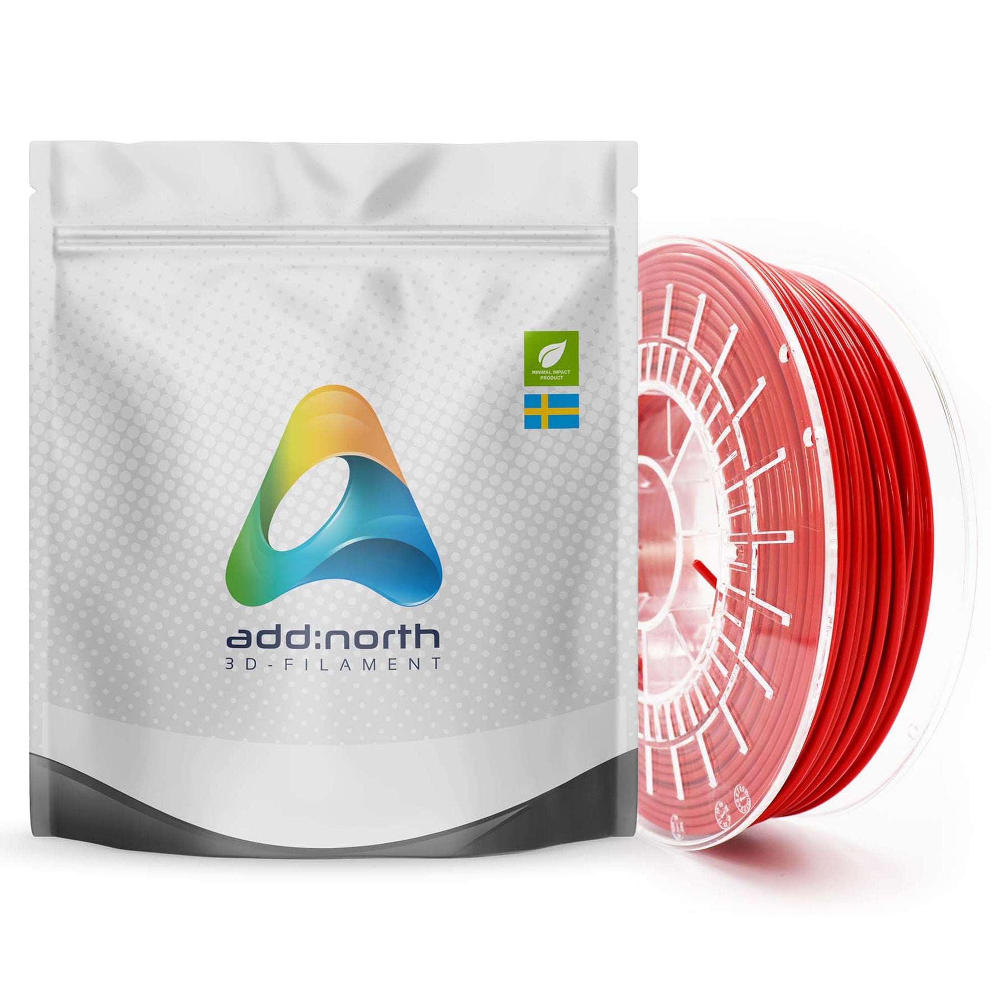 Addnorth E-PLA 3D-printer filament 1,75 mm rød ved hvid pose med Addnorth-logo, bladikon, svensk flag, biologisk nedbrydeligt.