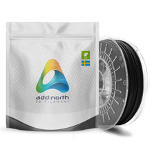 Addnorth Tekstur 3D-printer filament 1,75 mm mat sort, rulle ved siden af hvid pose med Addnorth-logo og svensk flag.