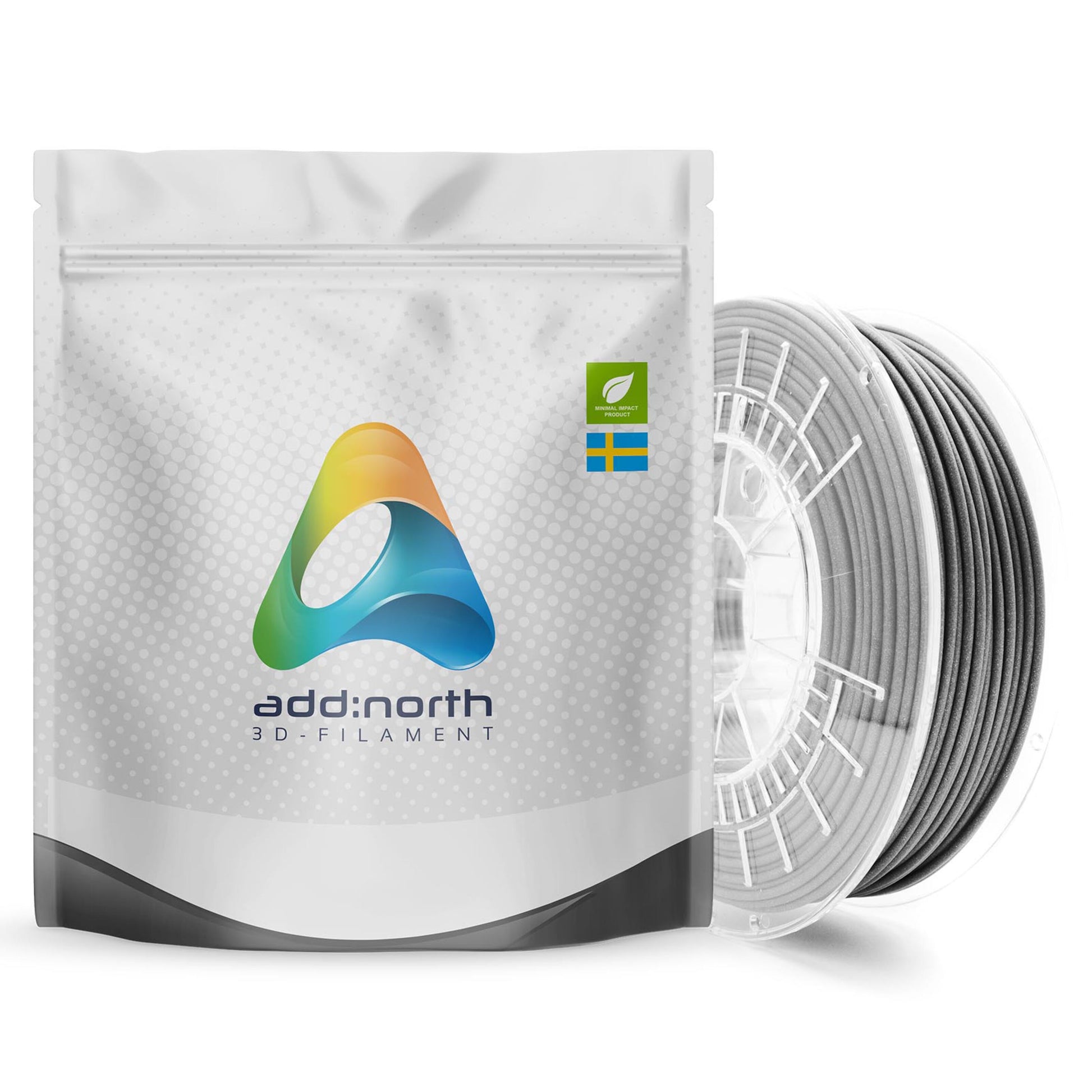 Addnorth Textura Flare 1,75 mm grå filament med plantefiberfyldning ved pose med Addnorth 3D FILAMENT logo og svensk flag.