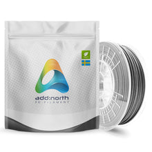 Addnorth Textura Flare 1,75 mm grå filament med plantefiberfyldning ved pose med Addnorth 3D FILAMENT logo og svensk flag.