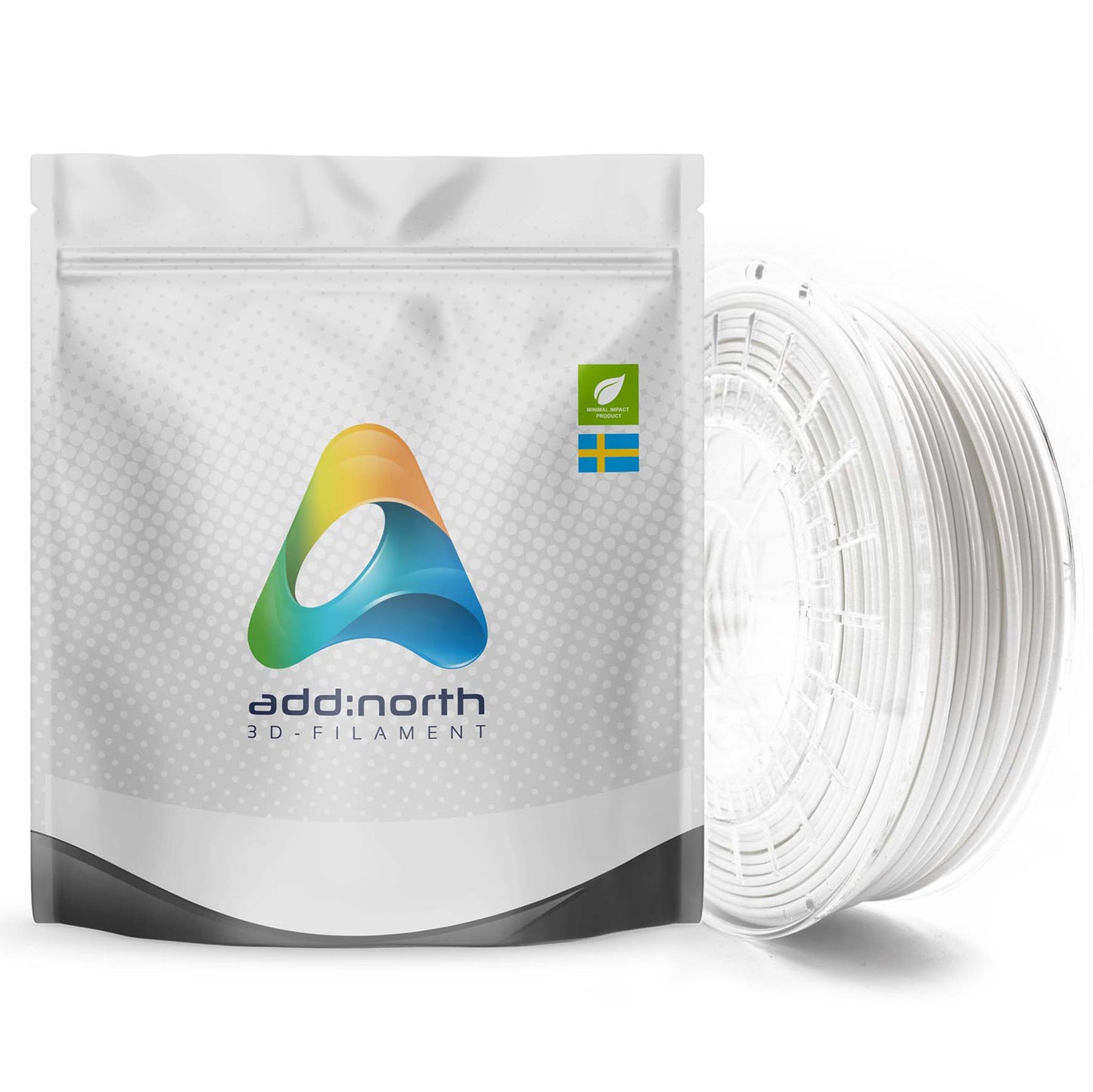 Addnorth E-PLA-filament til 3D-printer 1,75 mm hvid ved siden af pose med Addnorth-logo, bladikon og svensk flag.