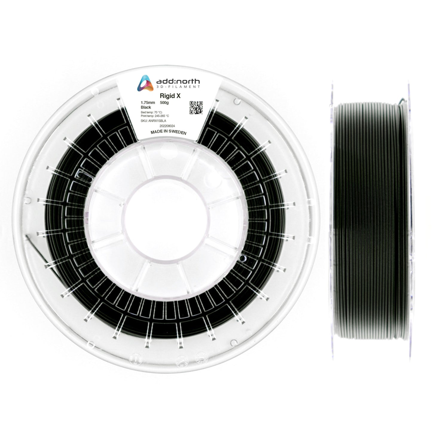 Stift X kulstofforstærket PETG-filament, front med Stift X mærkat, side med sort filament i klar plastspole, 2 vinkler.