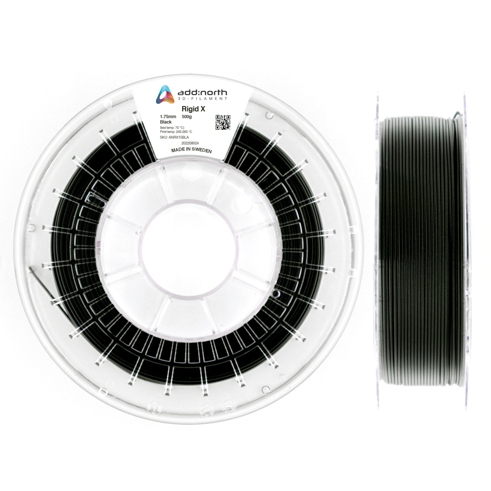 Stift X kulstofforstærket PETG-filament, front med Stift X mærkat, side med sort filament i klar plastspole, 2 vinkler.