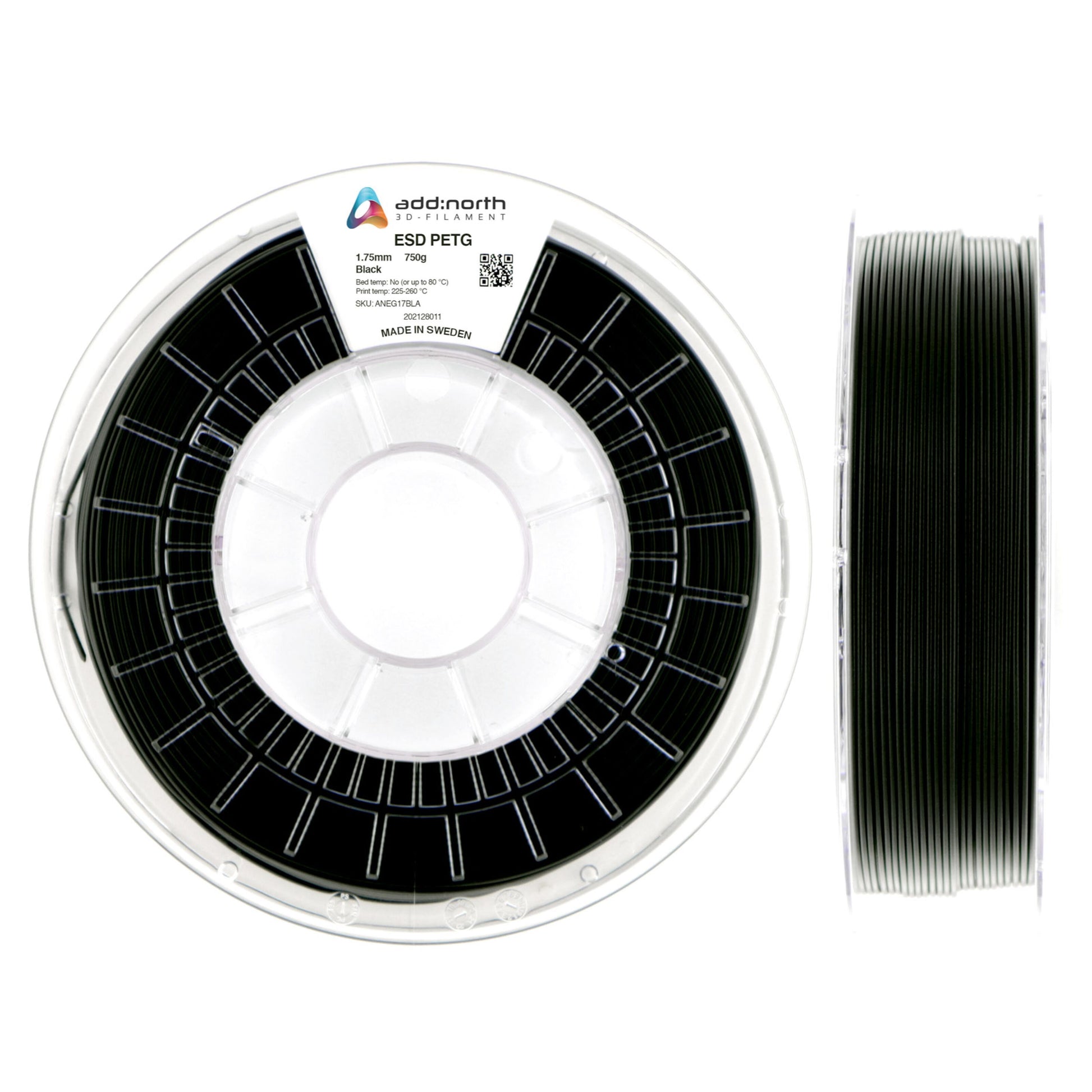 Addnorth ESD PETG filament 2 spoler, sort, én med synlig label oppefra, én fra siden viser ESD-beskyttet filament.