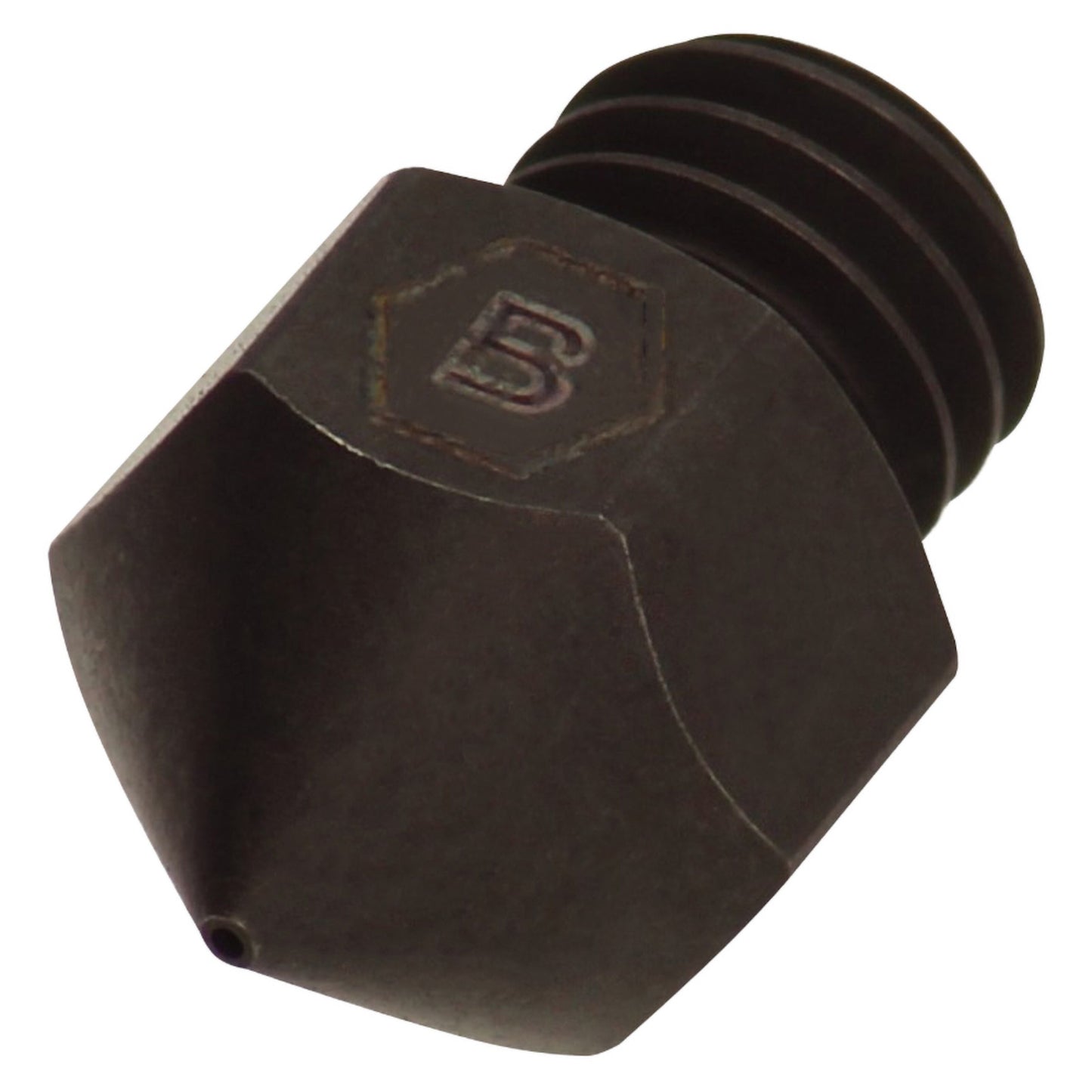 Brozzl dyse til 3D-printer 0,6 mm, sort metal, sekskantet med "B" indgravering og synlig gevindende.
