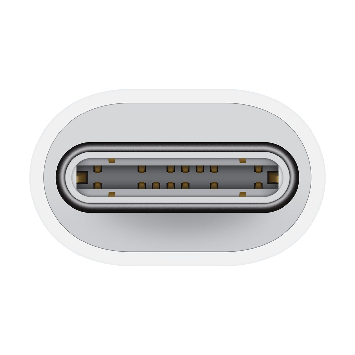 USB-C-port, oval form, metalkontakter, symmetrisk design, passer til Apple USB-C til Lightning-adapter og iPhone 15 CarPlay-adapter.