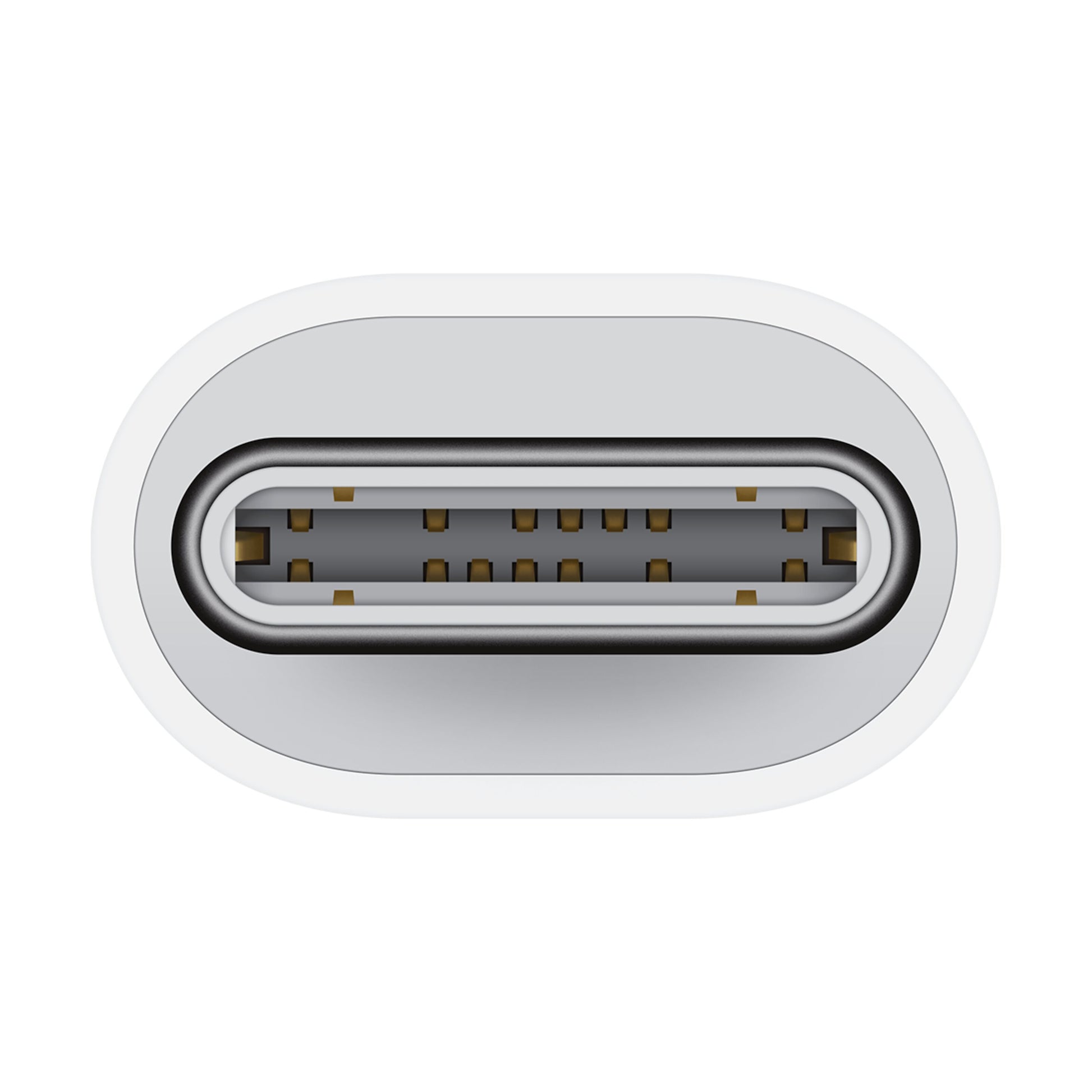 USB-C-port, oval form, metalkontakter, symmetrisk design, passer til Apple USB-C til Lightning-adapter og iPhone 15 CarPlay-adapter.